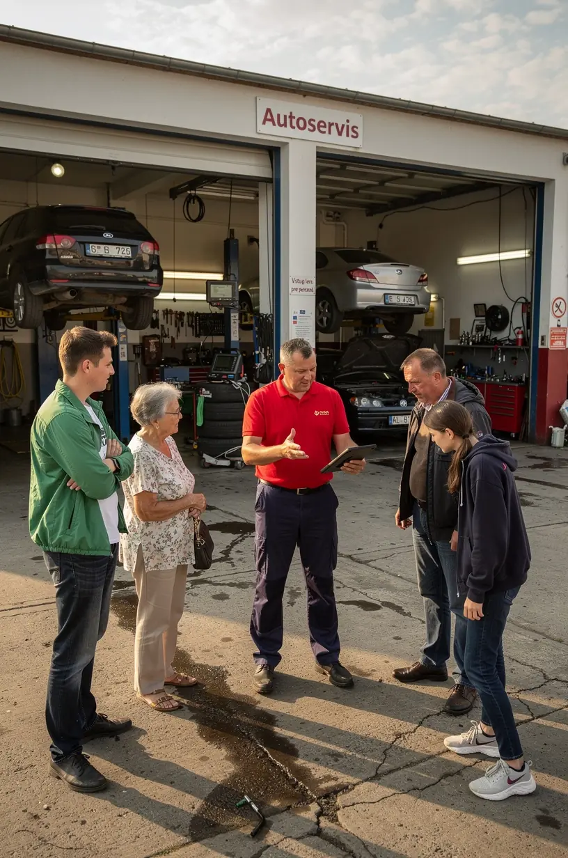 Mechanik opravuje motorové vozidlo s použitím špecializovaných nástrojov v servisnej hale.